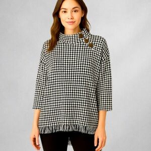 Crosstree Lane Women’s Black White Houndstooth Fringe Sweater Tunic Sweater M